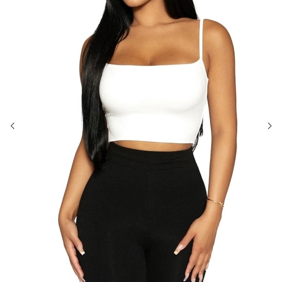 NAKED WARDROBE SOLID VIBES WHITE CROP TANK W GOLD DIOR NOT WAR METALLIC LOGO L - Picture 8 of 8